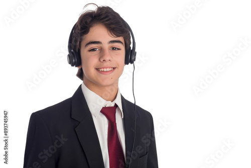 Young male call center representative in formal attire with headset, smiling, isolated on white background