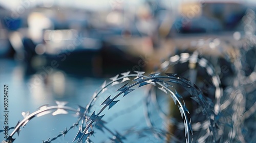 Focusing on sharp razor blade points barbed wire coil with blurry marina and boatyard