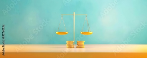 Golden scales of justice on a table against a blue wall.