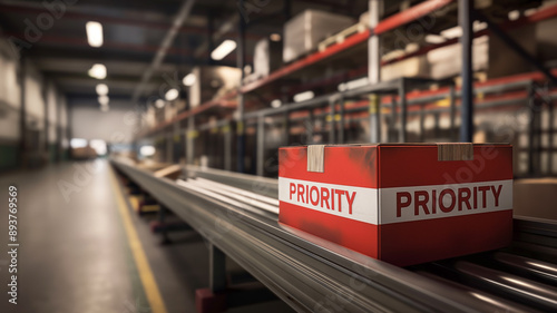 A red delivery box marked "PRIORITY" on a conveyor belt in a warehouse setting