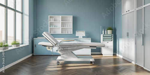 Modern medical examination room with adjustable bed and large window