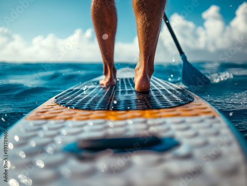 Paddle board in the sea close up of standing legs