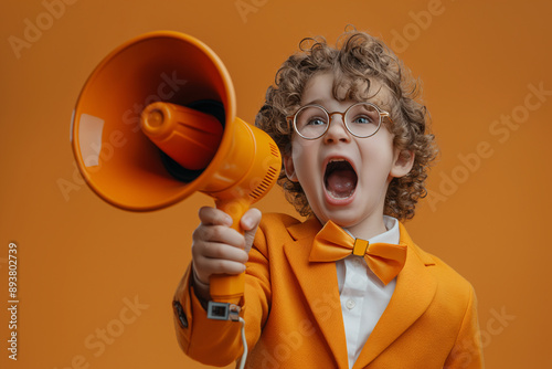 Excited Boy with Curly Hair Yelling into Megaphone Against Vibrant Orange Background