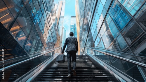 The businessman on outdoor escalator.