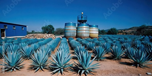 Agave Plants in a Field Near a Tequila Production Facility in Mexico. Generative AI