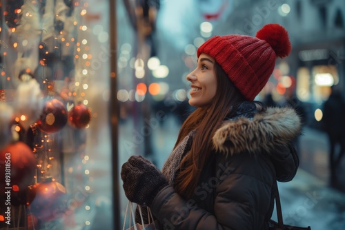 A woman happily embraces the holiday spirit while window shopping, enjoying the festive city ambiance with Christmas decorations and twinkling lights, creating a cheerful and magical atmosphere