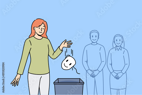 Woman takes care of own personality and throws mask that hides mood and emotions into bucket. Concept of importance of person personality and finding true self, which allows one to achieve sincerity