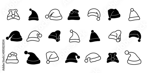 Santa hat icon set. Flat, linear and silhouette style.