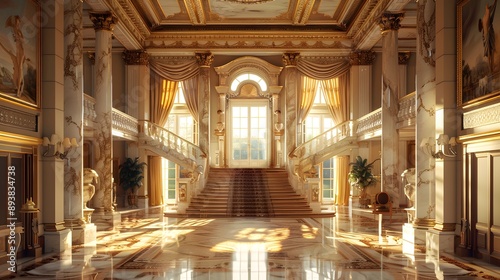 A luxurious and opulent interior of a grand staircase hall adorned with intricate architectural details and abundant natural light. 