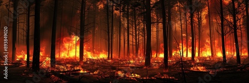 Forest Fire. Devastating Nature's Wrath: Trees Engulfed in Flames