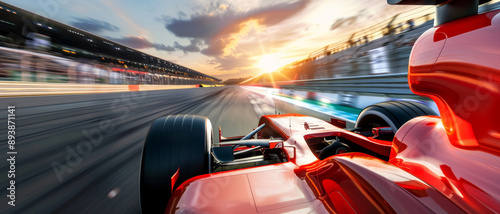 A blazing red race car zooms down the track under a dramatic sunset, capturing the thrilling speed and energy of a high-stakes race.