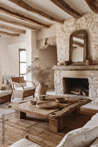 A cozy, rustic living room with textured natural stone or rough plaster walls, wooden ceiling beams and a traditional fireplace decorated with decorative vases and dried plants. A handmade wooden coff