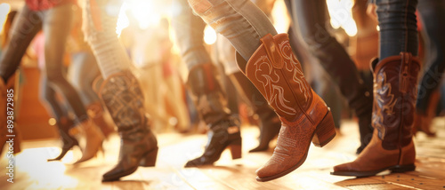 A lively group of people in cowboy boots line dancing in a wooden-floored hall, lit by warm, nostalgic sunlight.