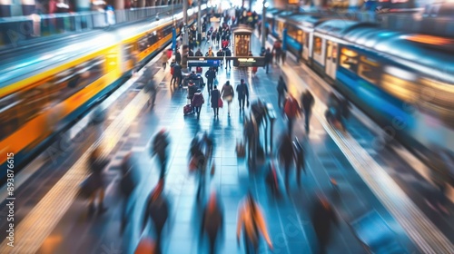 Rush Hour Commute: Busy Train Station with Blurred Moving People - Urban Life, Transportation, and Modern Society Concept