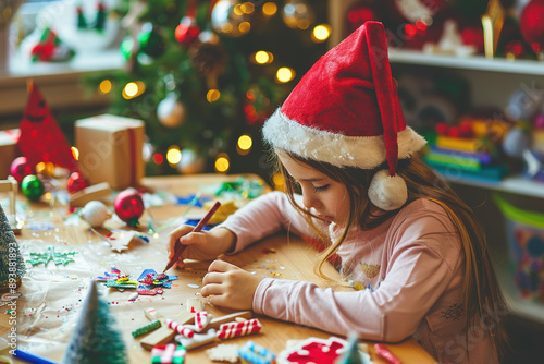 Little girl in Santa hat doing Christmas crafts at a decorated table with bokeh lights