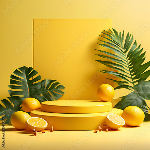 podio amarillo 3D limon agradable junto a plantas limones paisaje veraniego