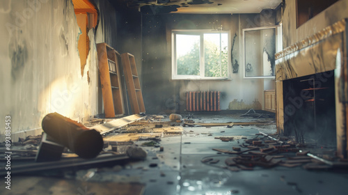 An abandoned, fire-damaged room with charred walls, debris scattered on the floor, and sunlight streaming through the broken window, exuding a sense of desolation.