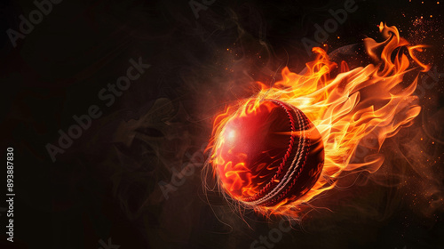 A flaming cricket ball scorches through the darkness, symbolizing intensity and passion in the sport.