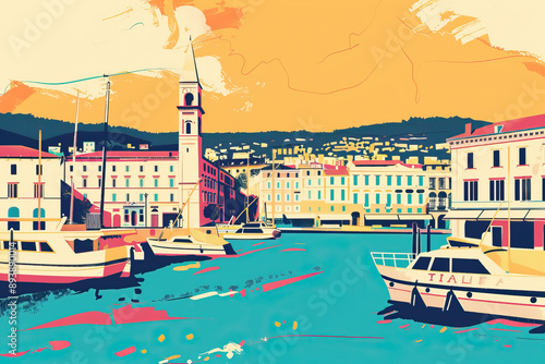 Risograph retro riso print travel poster, card, wallpaper or banner illustration, modern, isolated, clear, simple of Trieste, Italy. Artistic, screen printing, stencil