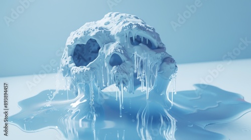 A frozen skull, symbolizing death, melts away in a pool of water, representing the passage of time and the inevitability of change. The icy texture contrasts with the liquid form, showcasing the power