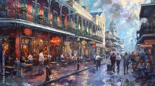 A vibrant street scene featuring bustling restaurants and cafes, with people enjoying their meals outside under the balcony structures on a rainy evening.