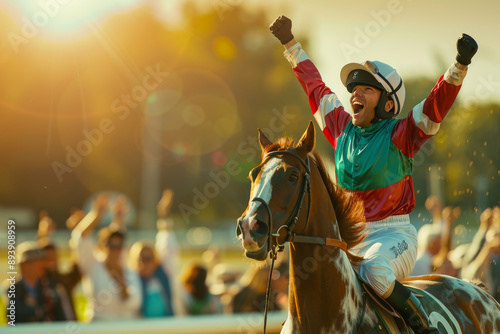 A triumphant jockey raises arms in celebration while riding a horse under a golden sunset, surrounded by cheering spectators, capturing victory and joy.