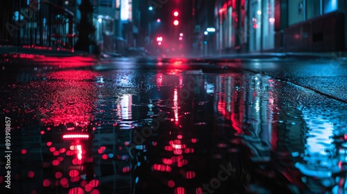 A nighttime scene of a wet urban street, where red and blue neon lights reflect off the wet surface, creating a captivating and colorful ambiance.