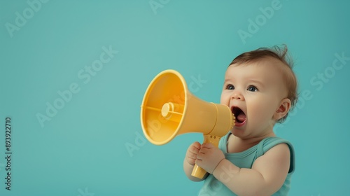 Cute baby shouting into megaphone announcing sale offer on blue studio background with copy space