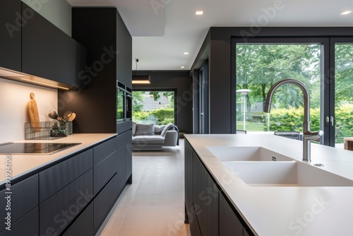 Luxury black and white kitchen in a modern house. Northwest, USA