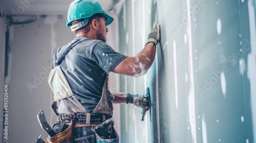 A professional construction worker wearing a blue safety helmet and work gear, installing drywall on an interior wall.