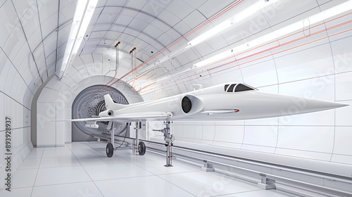 Modern small aircraft in white interior of test tunnel with long lights and big triangle tube on the right side,