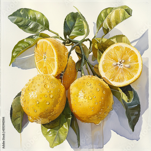 meyer lemons, Fresh orange Meyer Lemons with fresh leaves, whole and half sliced, slices, background 