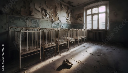 Beds inside a terrifying abandoned orphanage