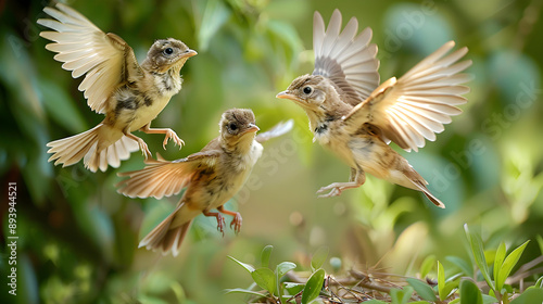 Tiny baby birds with fluffy feathers cautiously practicing their first flights from a cozy nest.