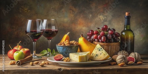 Still life painting of a table set with wine, cheese, fruit, and nuts, painting, table, wine, cheese, fruit, nuts, still life
