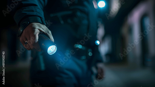 Police officer holding flashlight, nighttime patrol