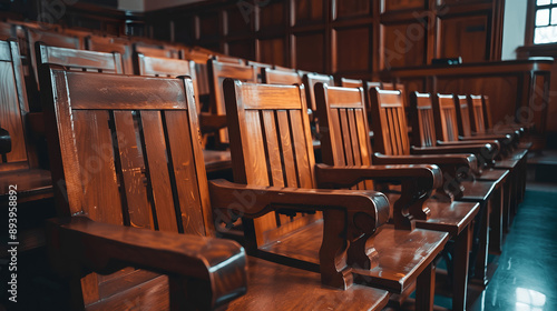 Empty jury box with polished wooden seats in courtroom