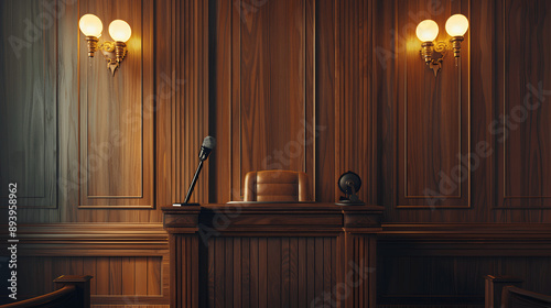 Judicial proceedings with empty witness stand and microphone