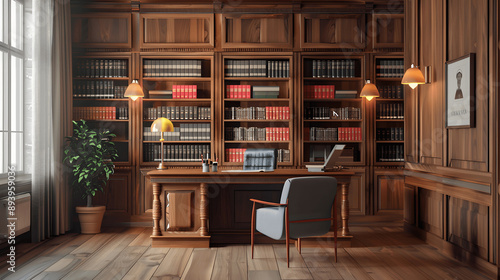 Lawyer's office with law degree and bookshelf of legal volumes