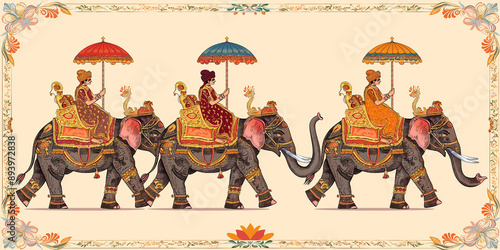 Indian mughal miniature painting style procession of three maharajas riding elephants