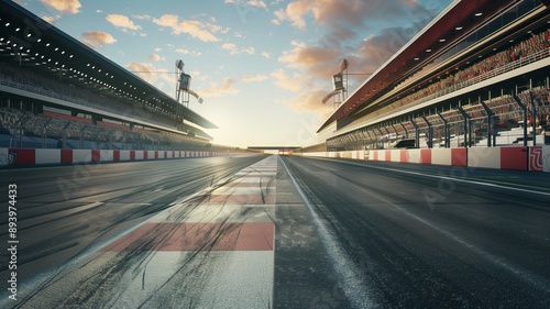 Empty racing track with a crowd of people on the grandstands under a clear sky