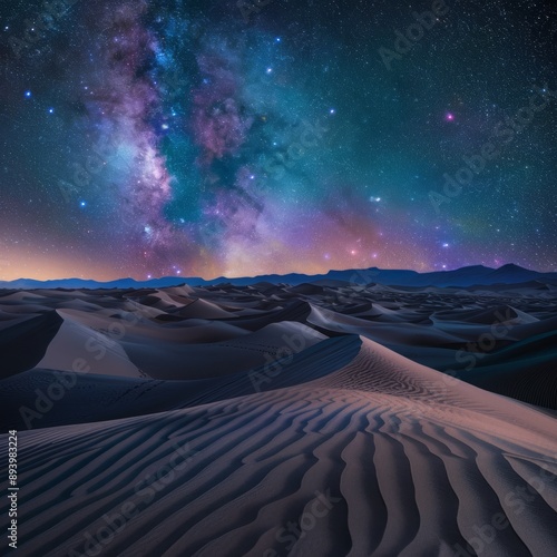 A desert landscape with a sky full of stars and a milky way