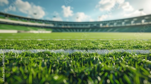 Green grass sports stadium with spectator stands soccer field American football and baseball a closeup sports mockup background with copy space