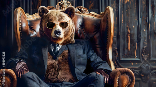 A captivating portrait of a bear wearing a suit glasses and sitting on an ornate luxurious throne exuding an air of sophistication and authority