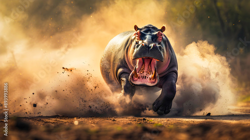 Fierce angry hippopotamus opens its enormous mouth and charges down a dirt road kicking up a cloud of swirling dust and smoke in its wake as it displays its power and aggression