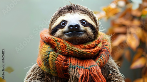 Charming sloth in a vibrant scarf, exuding curiosity and warmth. Ideal for lifestyle, education, and marketing applications. Captivating emotional appeal with ample copy space.