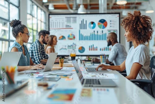 An office staff collaborating on a digital marketing campaign. Modern office setting with natural lighting. Generative AI