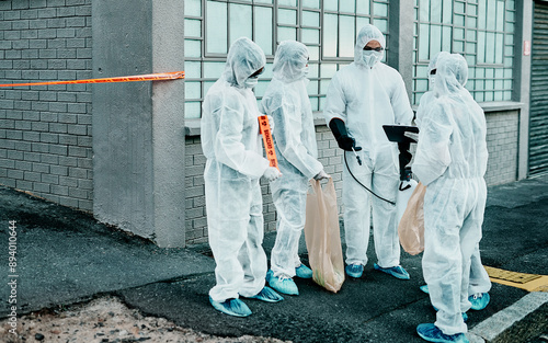 Safety, protection and group of doctors in meeting with scientists in hazmat ppe to prevent spread of virus. Virologist, medical workers or people in city for healthcare, covid or pandemic disease