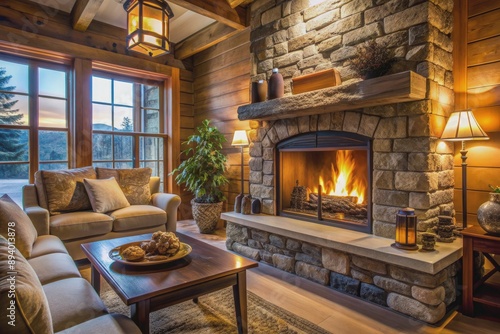 Cozy winter ambiance with warm golden light emanating from a realistic gas log fireplace surrounded by rustic stone and dark wood mantel in a serene living room.