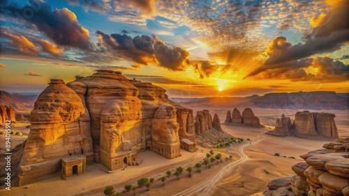 Vibrant sunset casts warm glow on AlUla's majestic sandstone cliffs, ancient tombs, and vast expanse of desert landscape in northwestern Saudi Arabia.